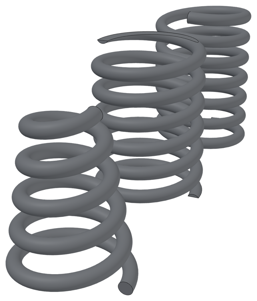 Three coil springs: a compression spring, a tapered spring and a left-hand spring.