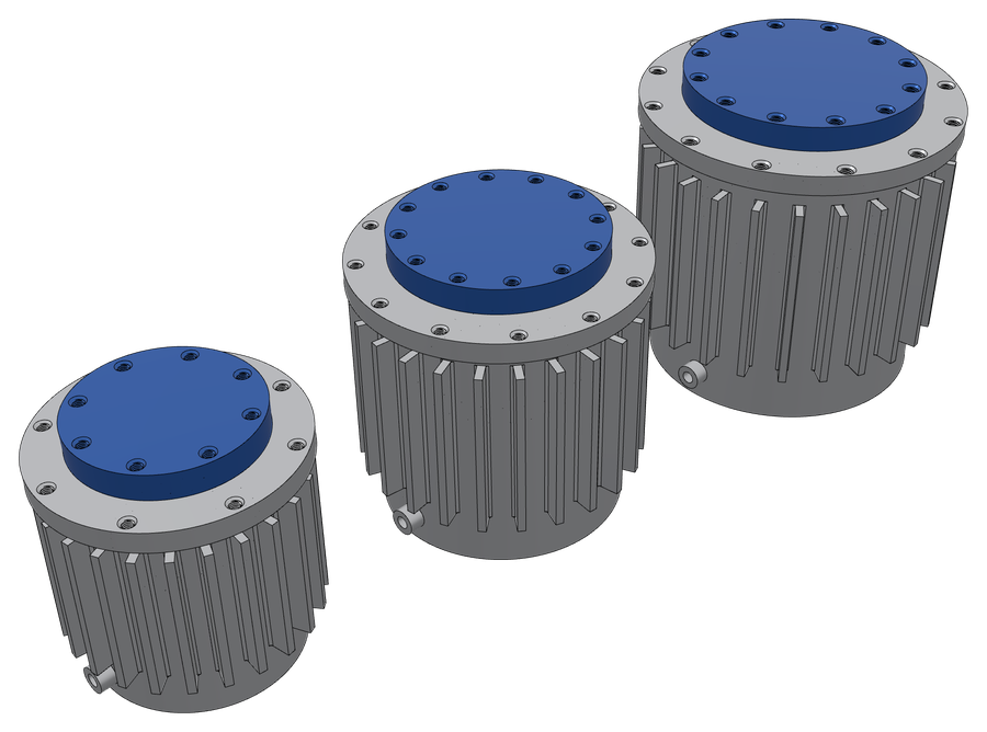 Three cycloidal joint modules of decreasing size, each a finned grey housing with a blue output flange.
