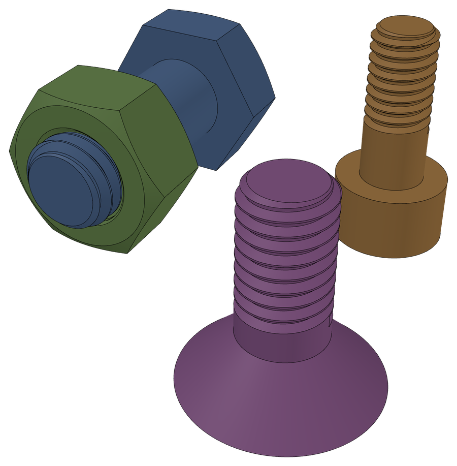 A hex bolt with its nut threaded on, a socket-head cap screw and a countersunk screw, each in its own color, all with modeled threads.