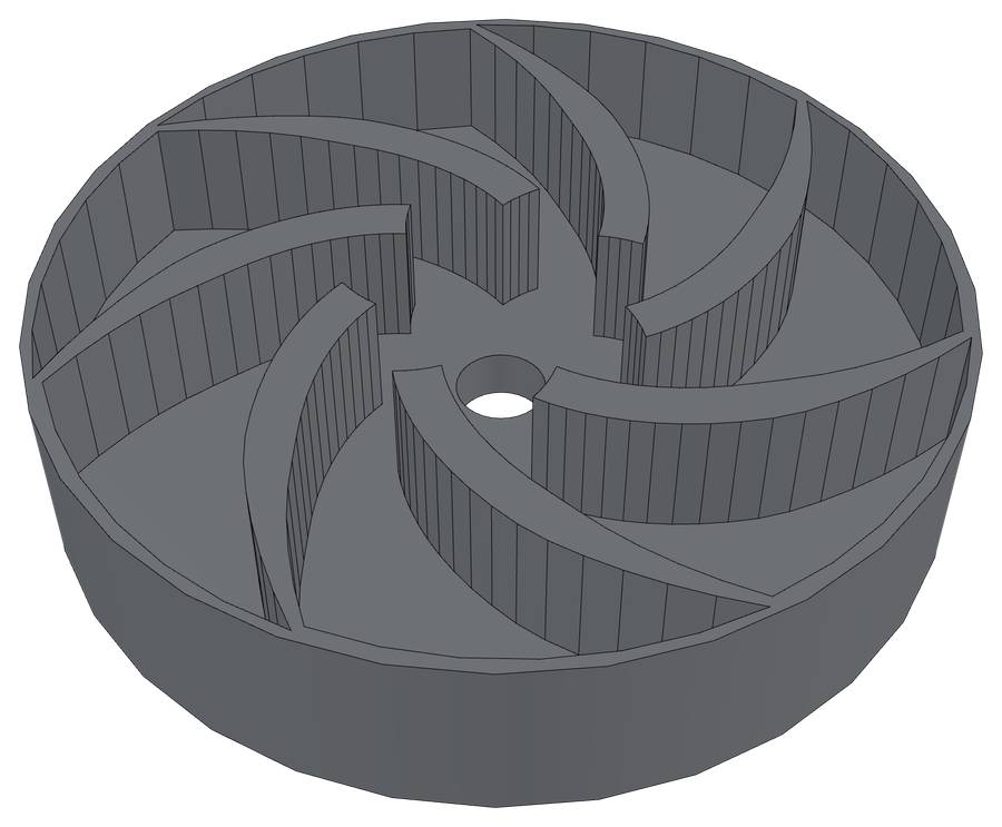A centrifugal impeller: seven curved blades inside a round shroud, around a central bore.