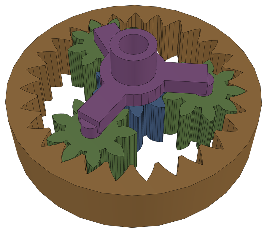 A planetary gear set seen from above: an orange ring gear, green planets, a blue sun and a purple carrier.