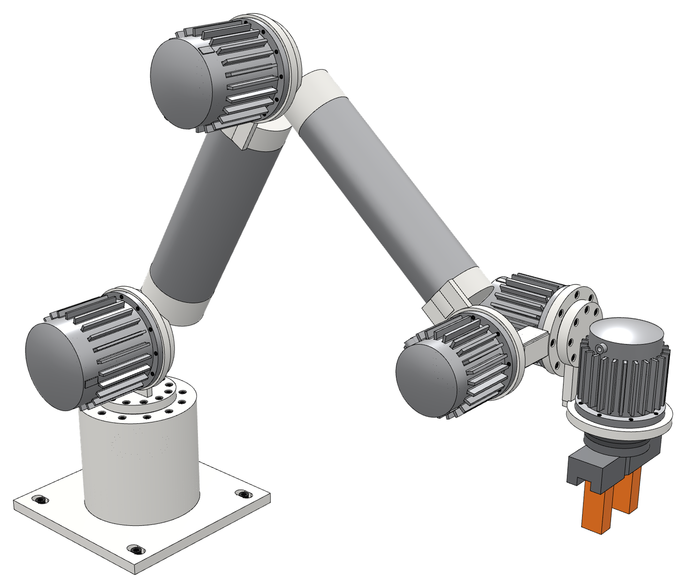 A six-axis robot arm: a white base and shoulder, grey tube links, finned cycloidal joint housings at every axis, and an orange-jawed gripper on the tool flange.